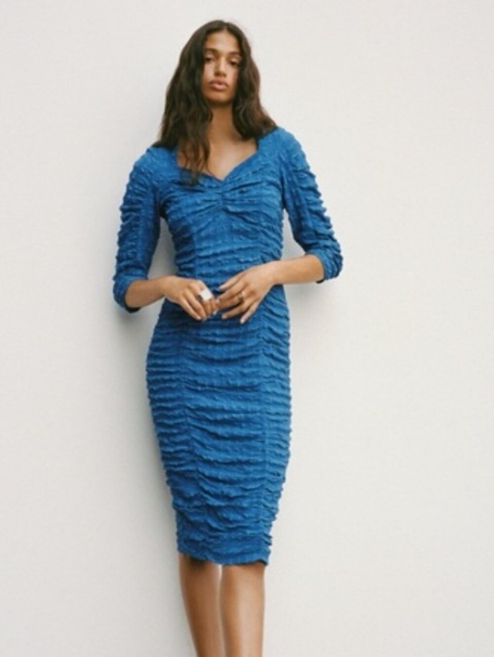 Zara Blue Textured Ruched Maxi Dress